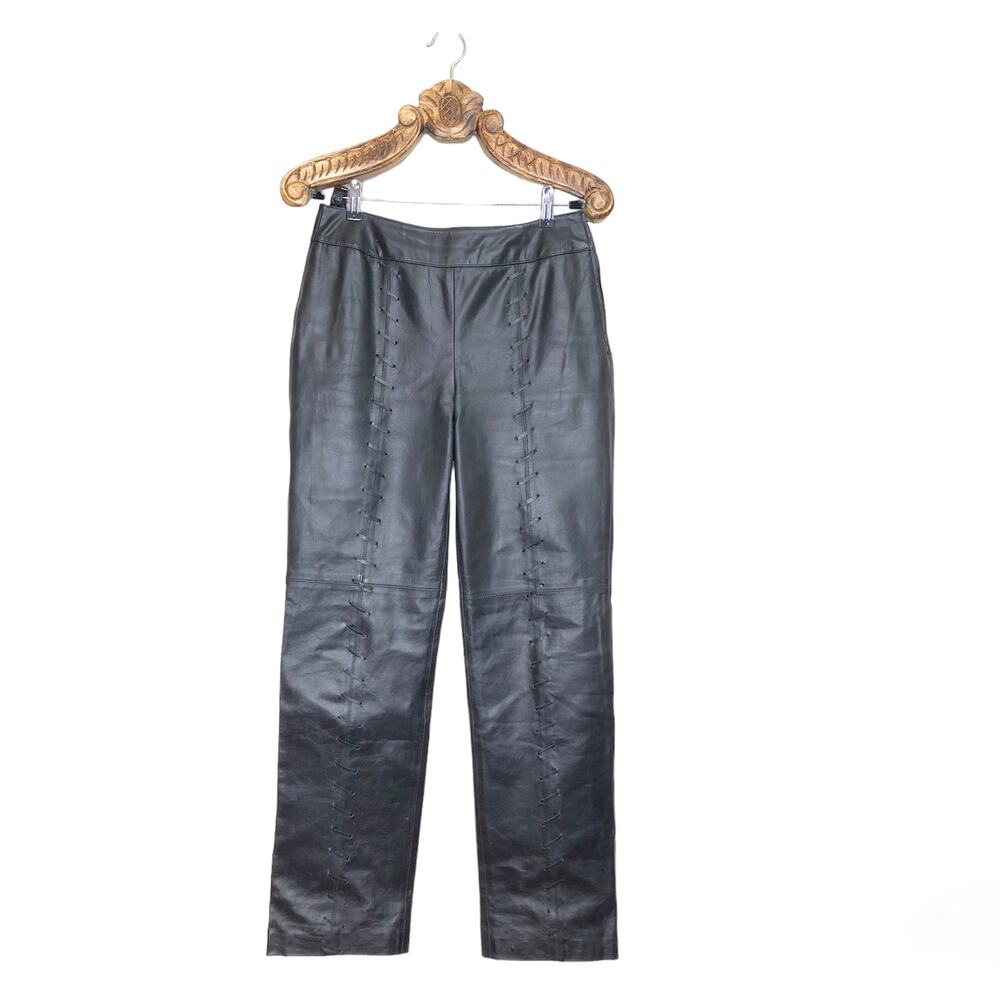 Together Vintage Leather Pants Black Lace Up Stitch Front Seam Straight Leg